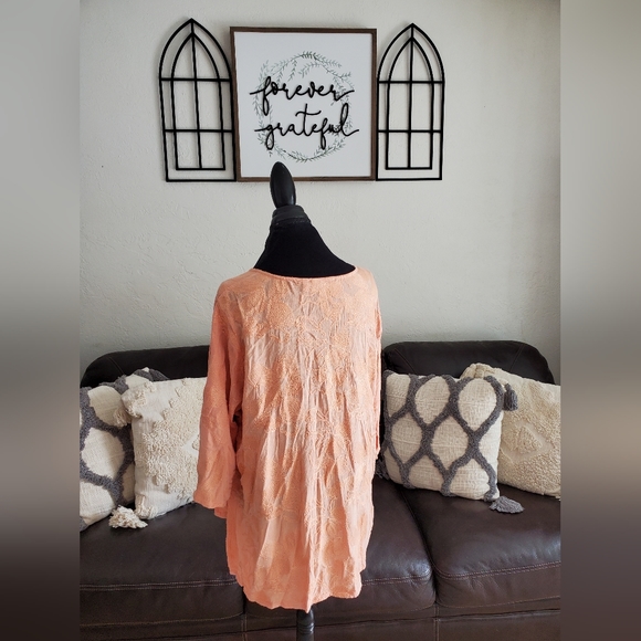 Soft Surroundings Pastel Peach Embroidered Boho Chic Asymmetrical Blouse Size 2X - Picture 9 of 12